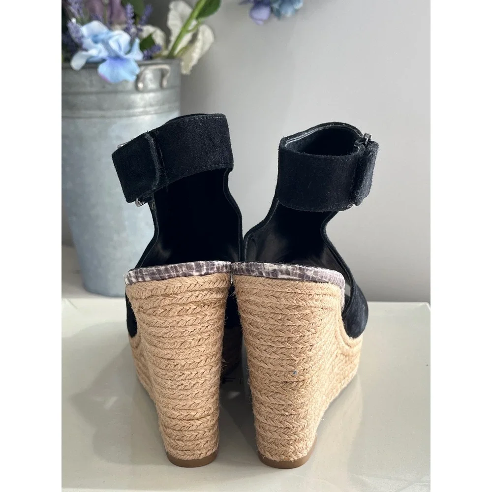 Marc Fisher‎ Black Suede Peep Toe Espadrille Wedge Sandals Size 6.5M